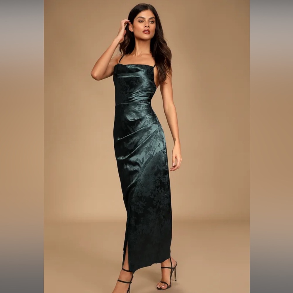 lulu's under the moonlight emerald green satin jacquard maxi dress